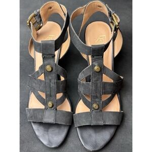 Franco Sarto Black Leather Strappy Stud Paloma Cork Heel Sandals 8.5M